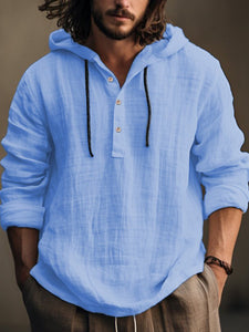 Men's Plain Cotton And Linen Casual Hooded Shirt