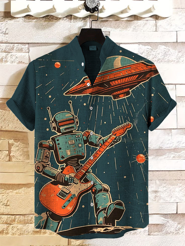 Men's Retro Space Geek Rock Music Robot UFO Print Shirt