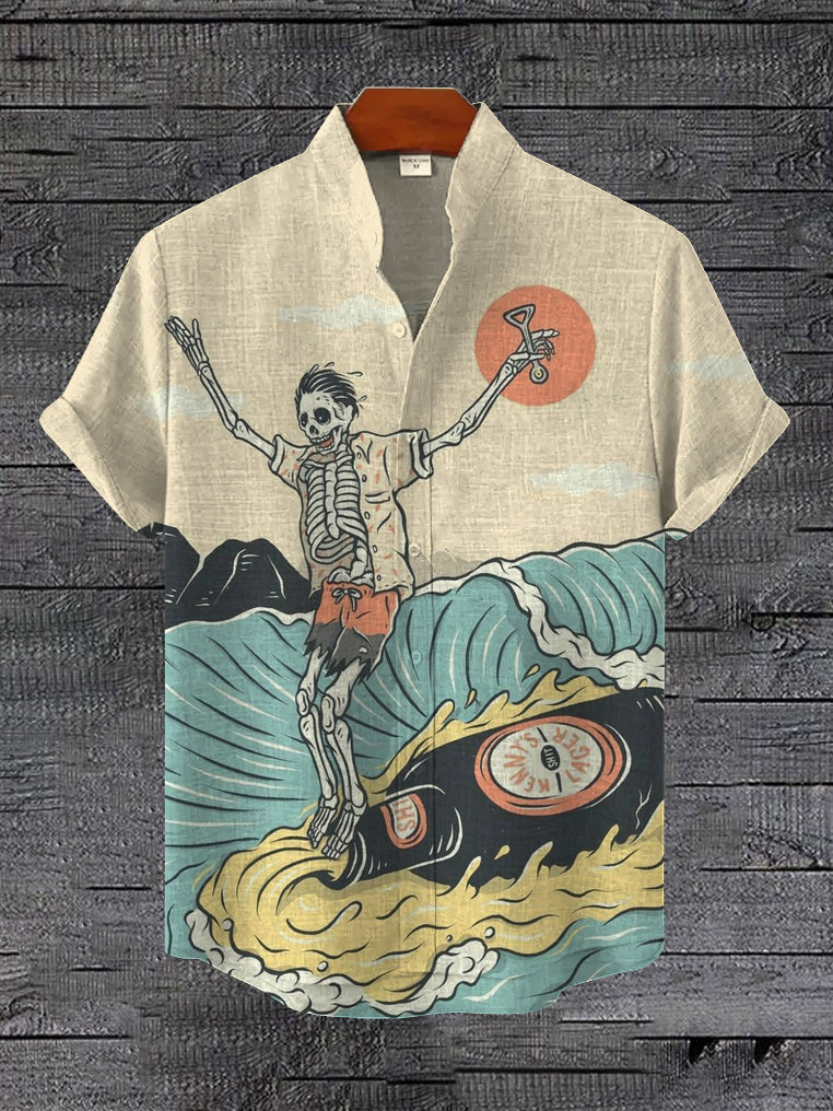 Men's Skeleton Beer Surfing Art Print Linen Blend Shirt