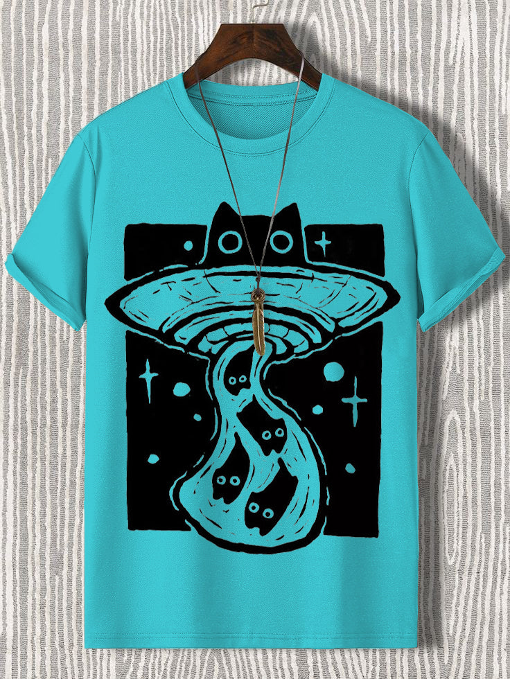 <💯Cotton>Men's UFO Abducts Cat Art Print Cotton Casual T-Shirt