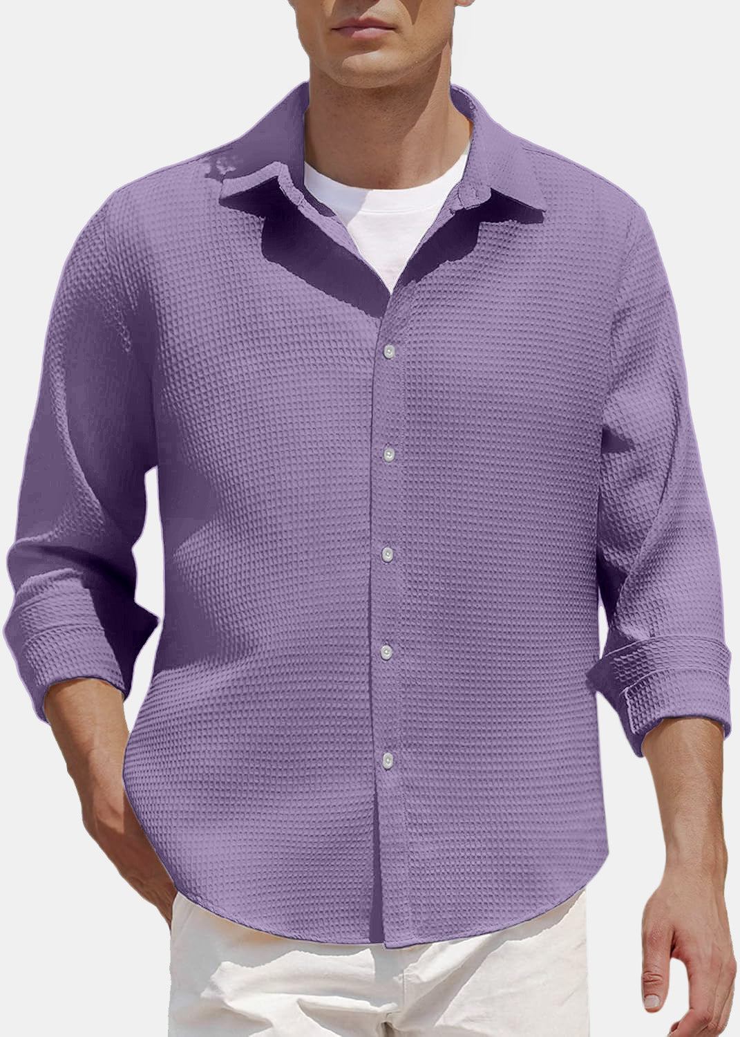 Men's Comfort Solid Color Waffle Everyday Long Sleeve Shirt