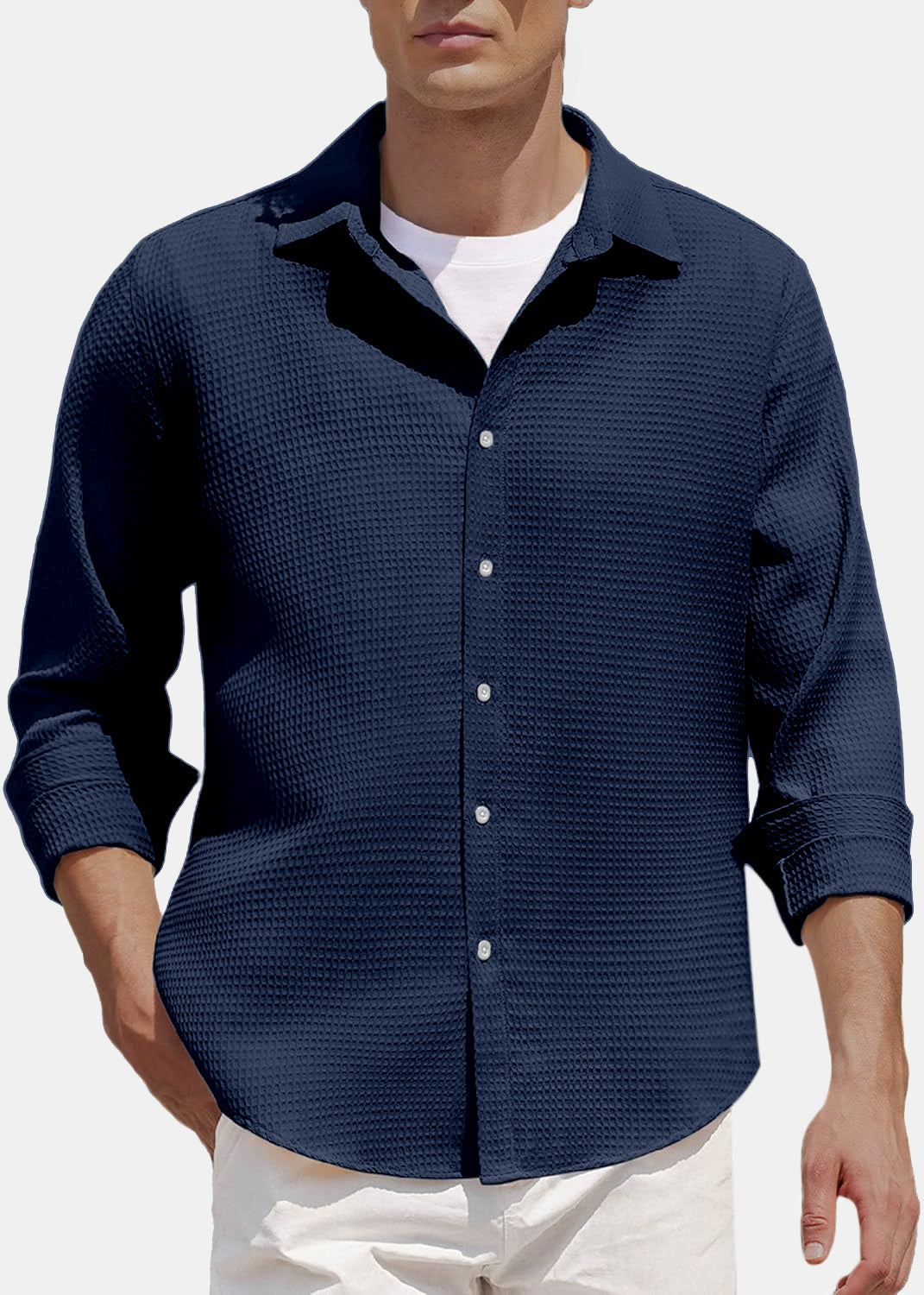 Men's Comfort Solid Color Waffle Everyday Long Sleeve Shirt