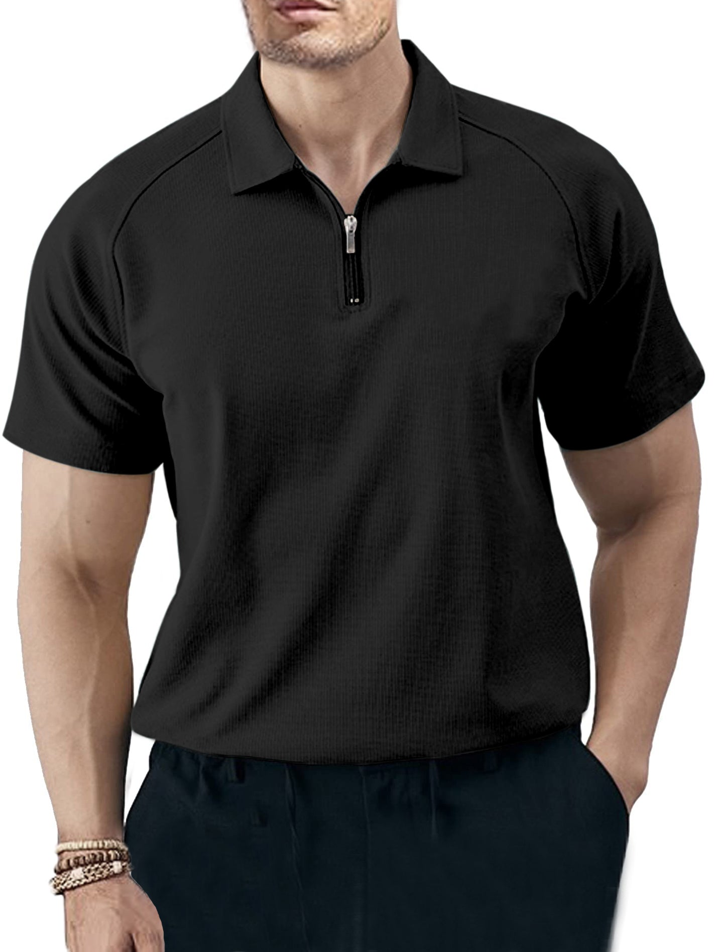 Men's Solid Color Casual Raglan Zipper Short Sleeve Polo Shirt-Tomanvery