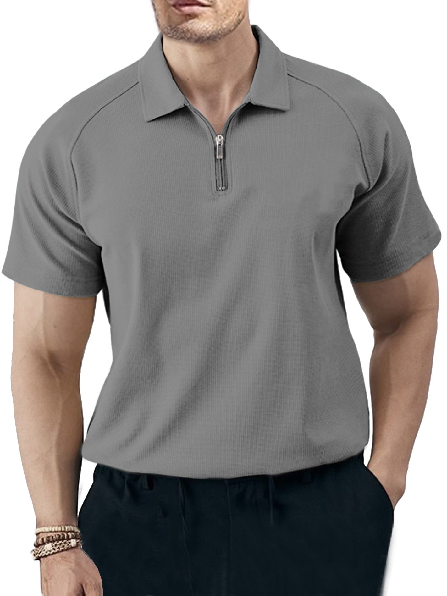 Men's Solid Color Casual Raglan Zipper Short Sleeve Polo Shirt-Tomanvery