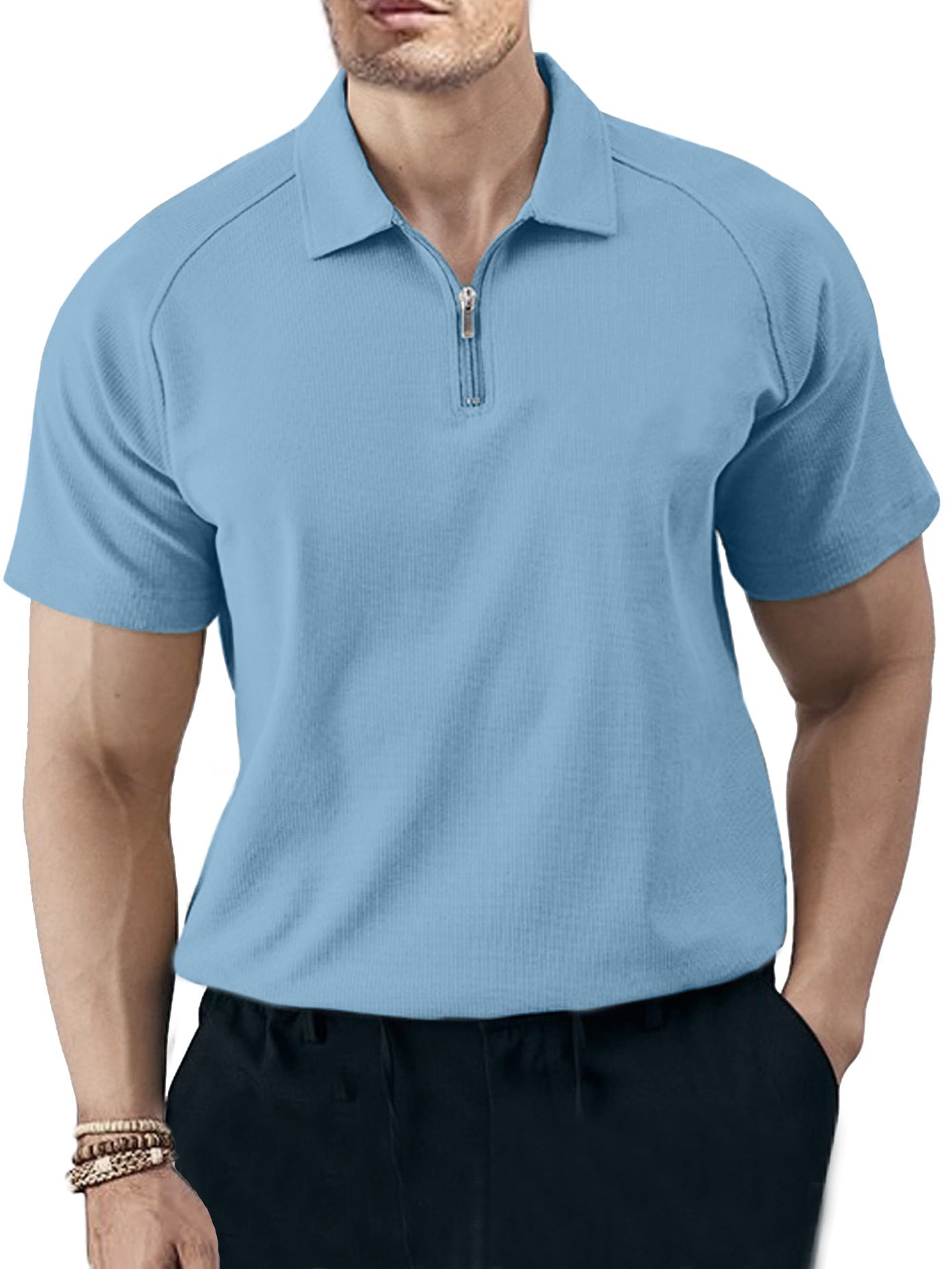 Men's Solid Color Casual Raglan Zipper Short Sleeve Polo Shirt-Tomanvery