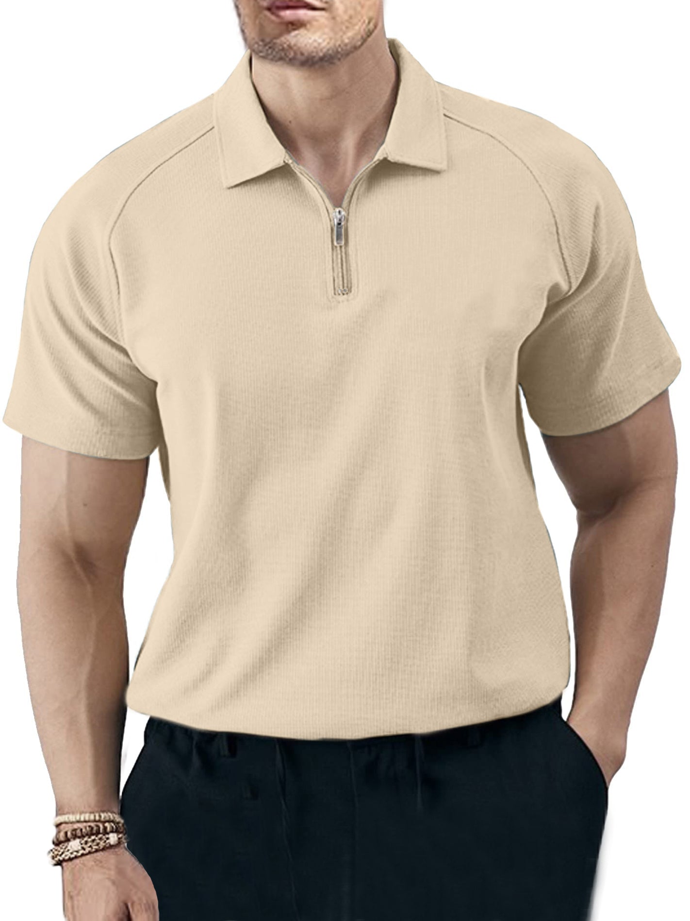 Men's Solid Color Casual Raglan Zipper Short Sleeve Polo Shirt-Tomanvery