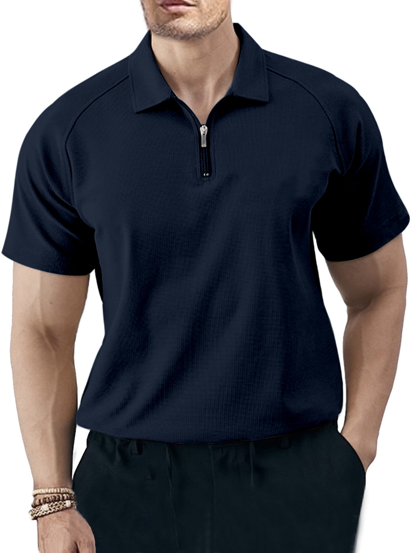 Men's Solid Color Casual Raglan Zipper Short Sleeve Polo Shirt-Tomanvery