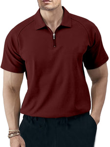 Men's Solid Color Casual Raglan Zipper Short Sleeve Polo Shirt-Tomanvery