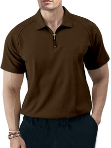 Men's Solid Color Casual Raglan Zipper Short Sleeve Polo Shirt-Tomanvery