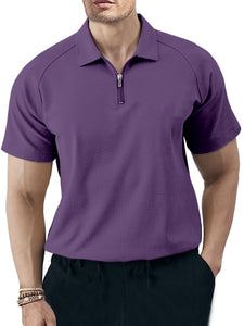 Men's Solid Color Casual Raglan Zipper Short Sleeve Polo Shirt-Tomanvery