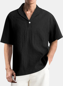 Men's Summer Casual Solid Color Comfortable Pleated Textured Short Sleeve Shirt