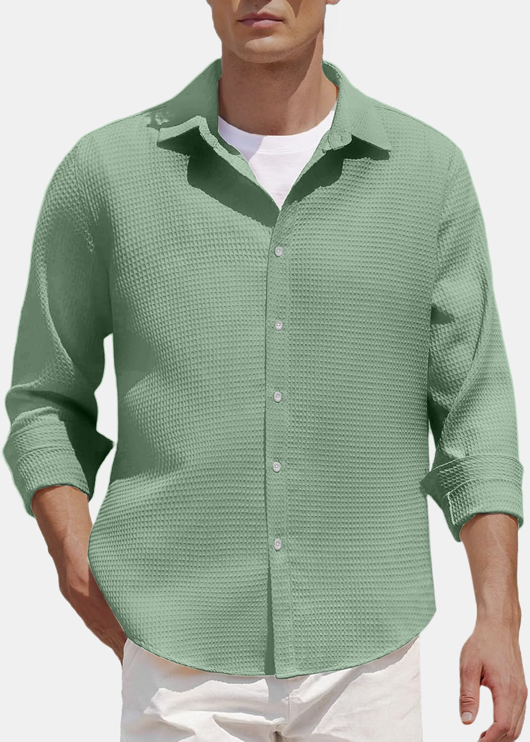 Men's Comfort Solid Color Waffle Everyday Long Sleeve Shirt