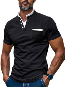 Men's casual cotton stand collar contrast pocket short sleeve polo shirt