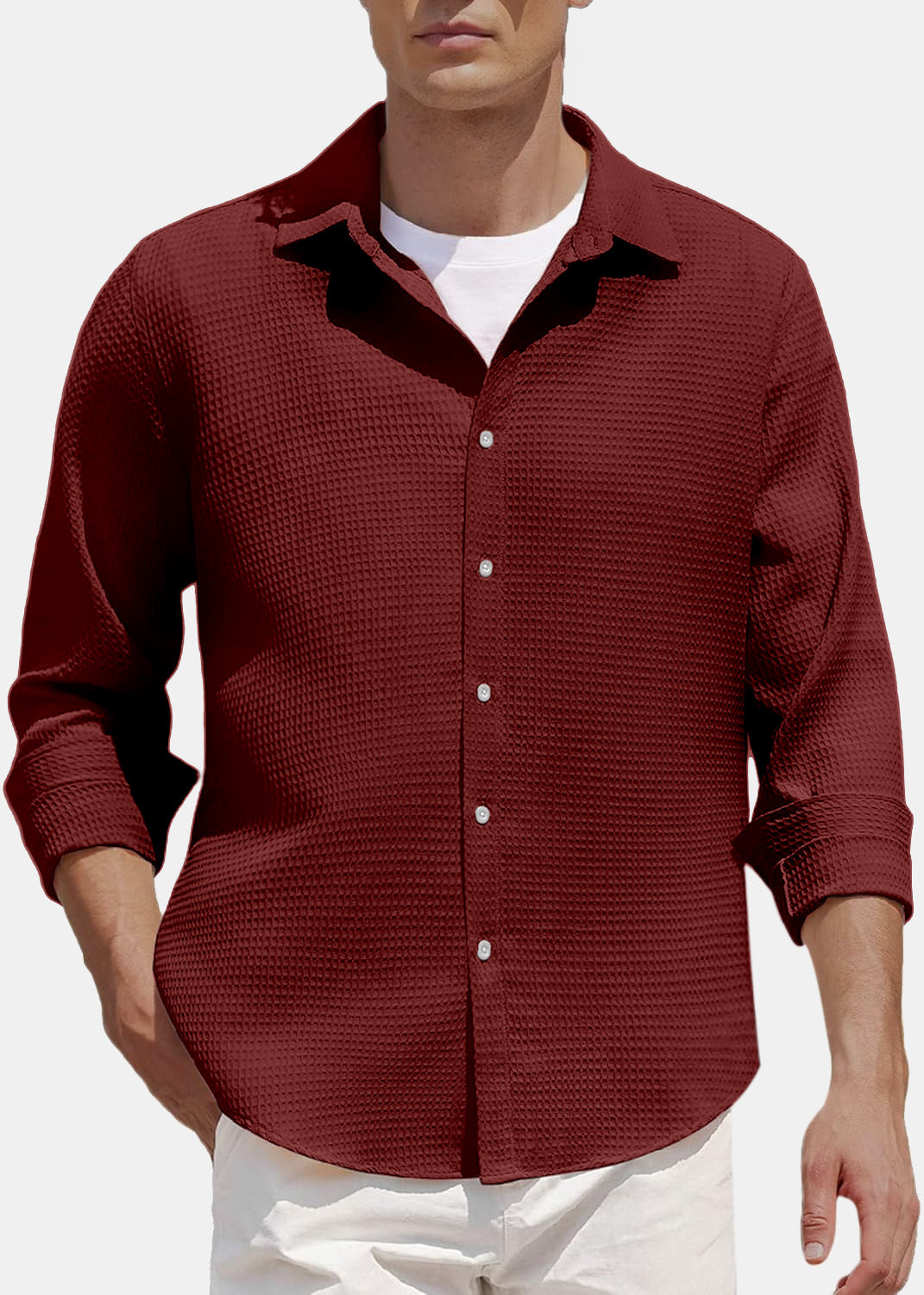 Men's Comfort Solid Color Waffle Everyday Long Sleeve Shirt