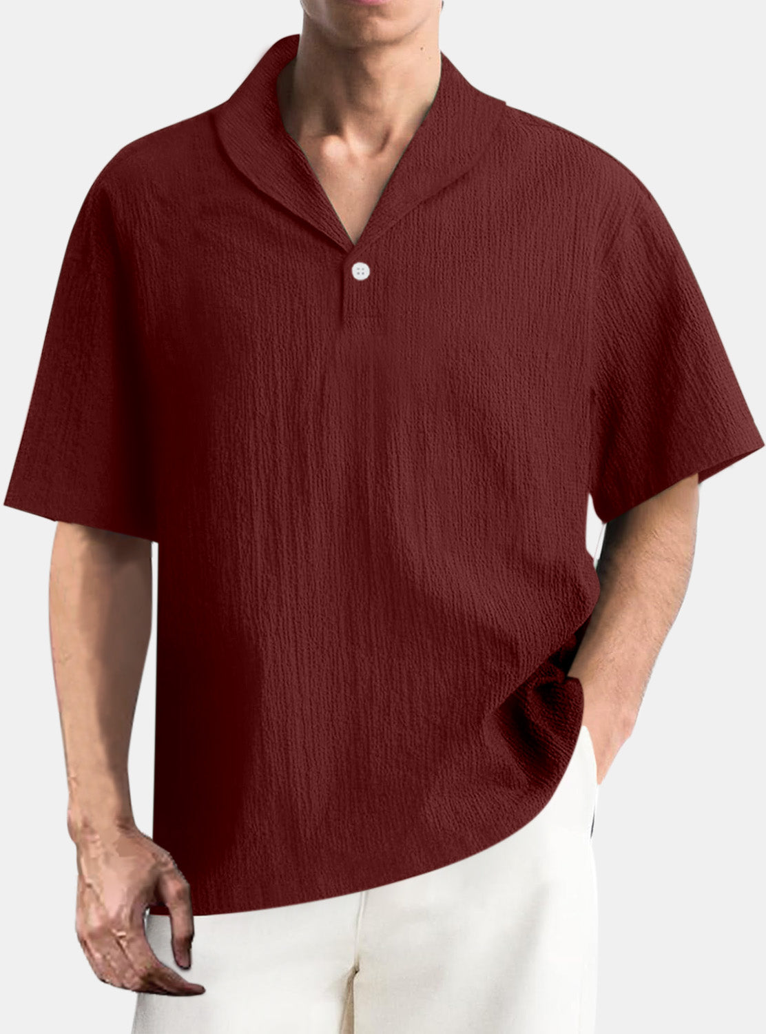 Men's Summer Casual Solid Color Comfortable Pleated Textured Short Sleeve Shirt