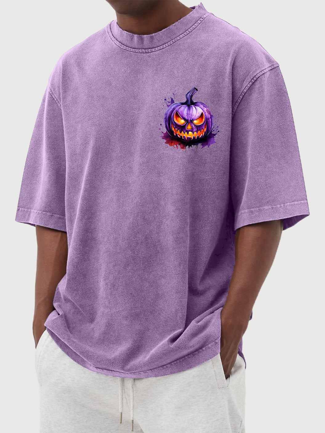 Men's Halloween 100% Cotton Washed and Distressed Watercolor Pumpkin Print Short Sleeve T-Shirt