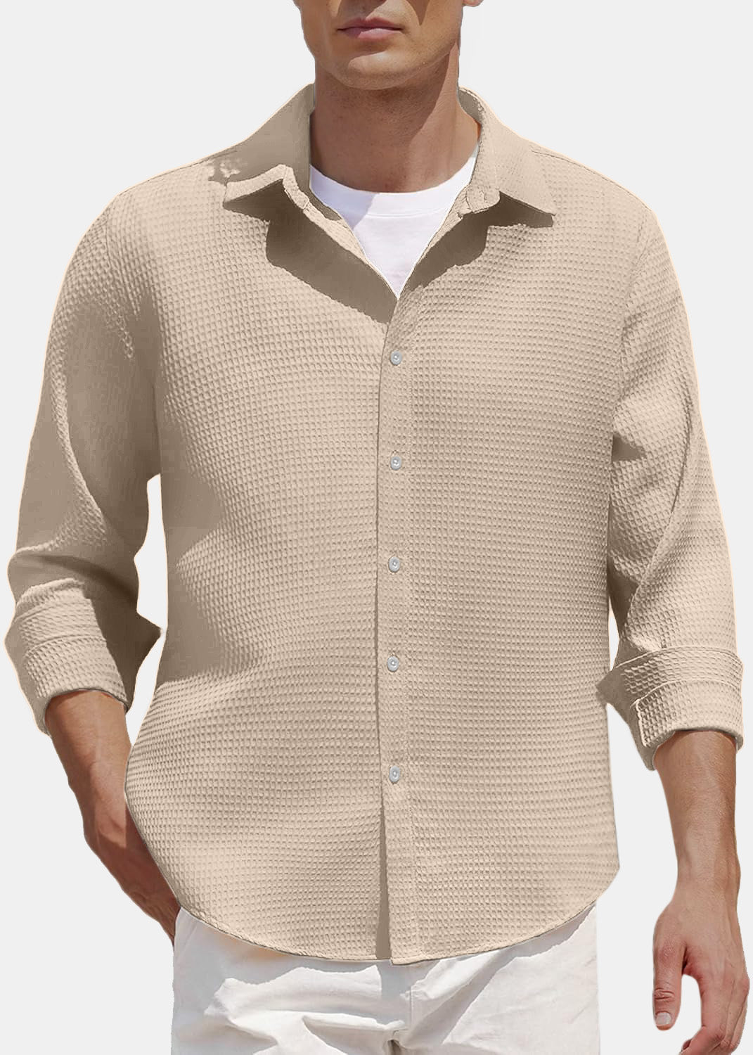 Men's Comfort Solid Color Waffle Everyday Long Sleeve Shirt