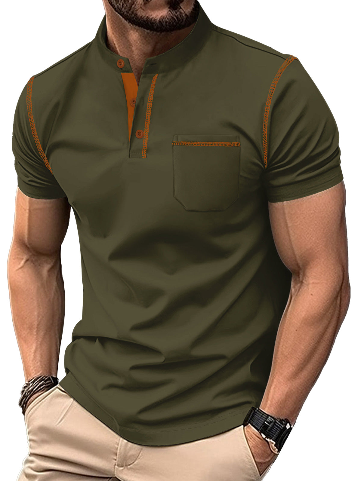 Men's Solid Color Stand Collar Pocket Short Sleeve POLO Shirt