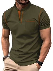 Men's Solid Color Stand Collar Pocket Short Sleeve POLO Shirt