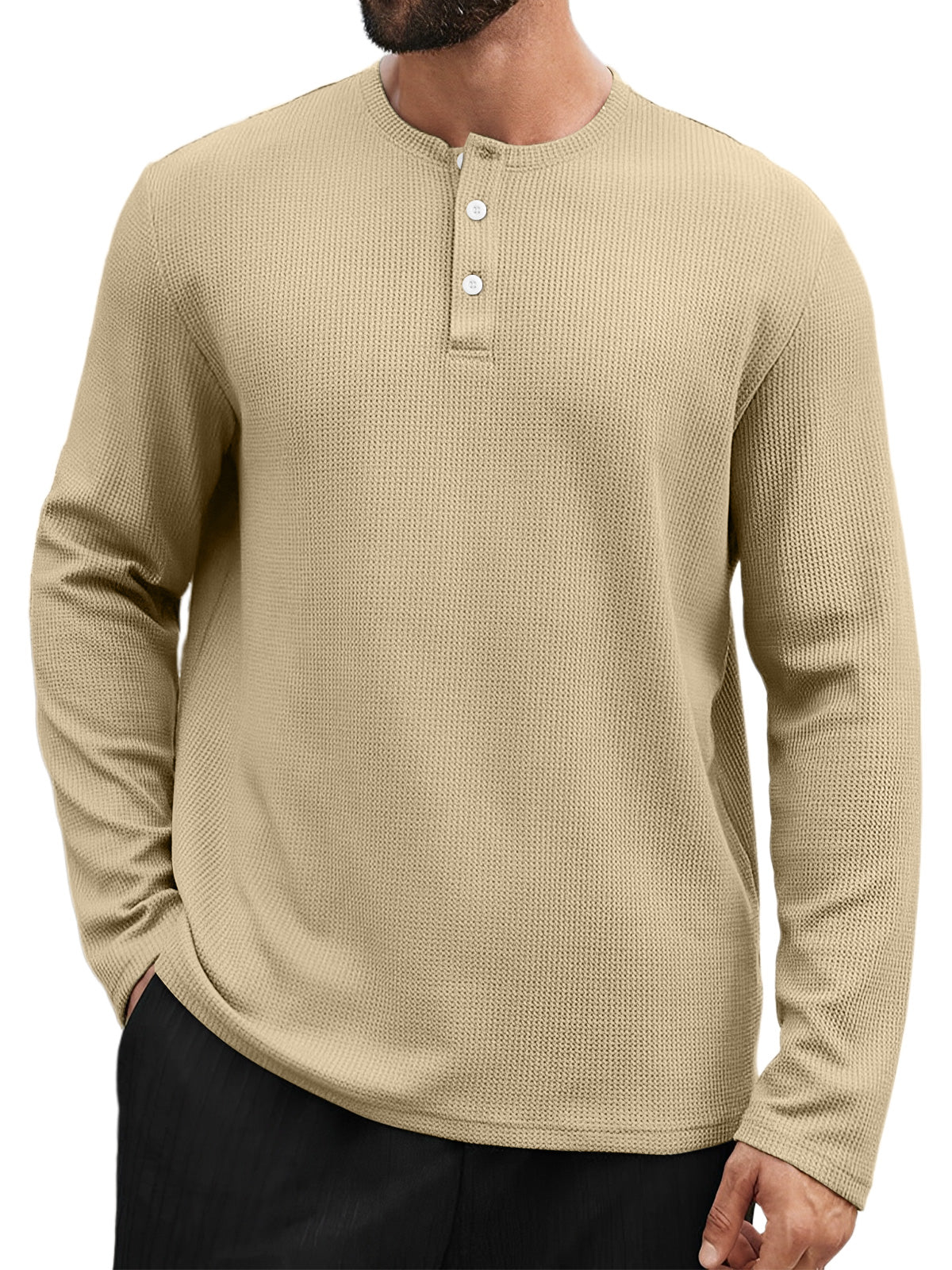 Men's Casual Henley Collar Waffle Solid Color Long Sleeve T-Shirt