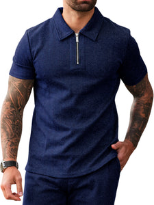 Men's Fashion Textured Zip Short Sleeve Polo Shirt