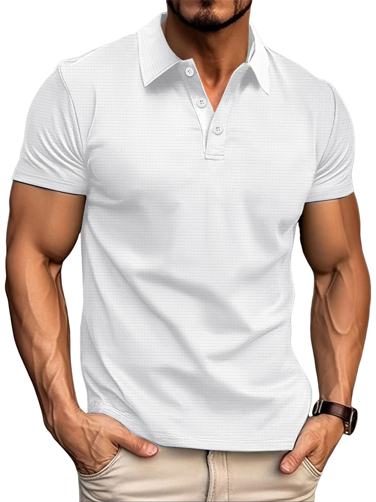 Men's Summer Solid Color Waffle Lapel Short Sleeve Polo Shirt