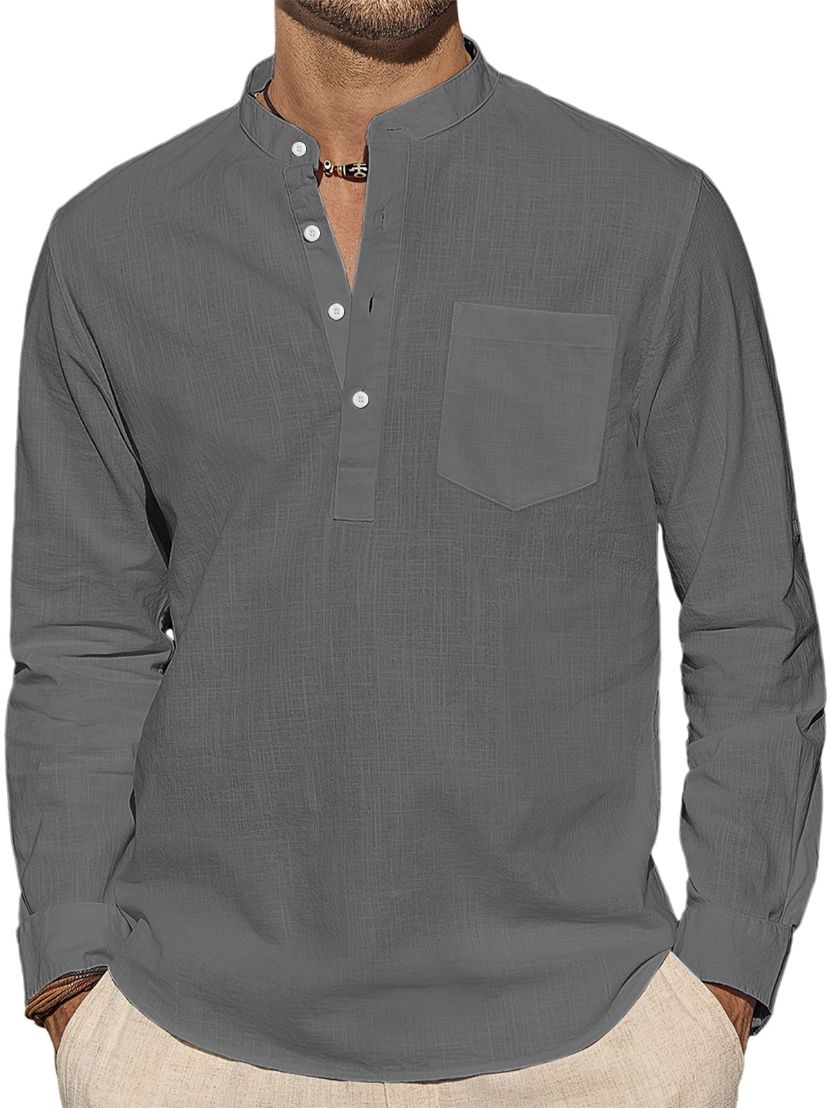 Men's Casual Stand Collar Pocket Solid Color Long Sleeve Shirt