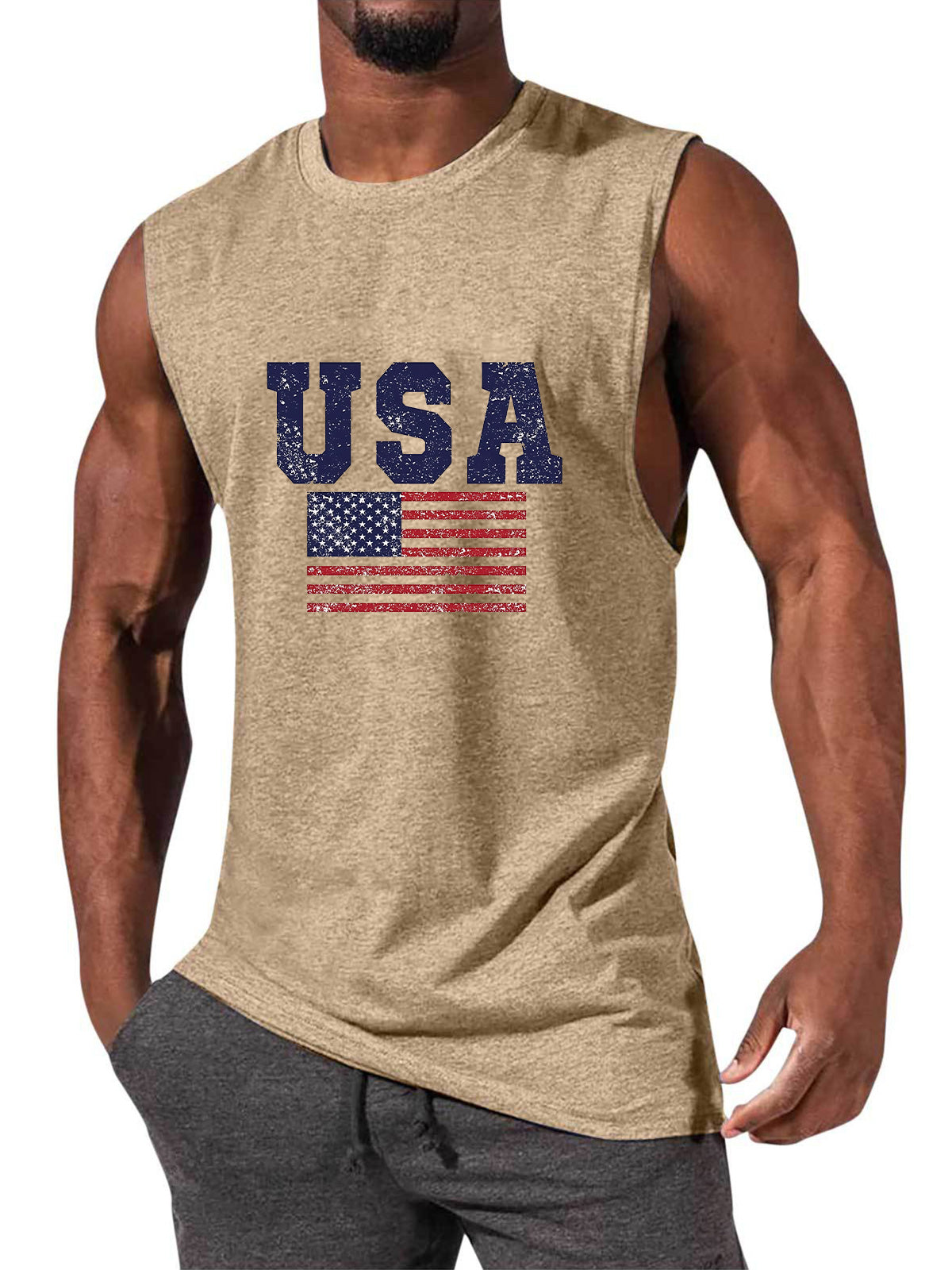 Men's Hawaiian USA Flag Print Sleeveless Tank Top T-Shirt