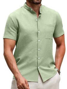 Men's Summer Stand Collar Pleated Pocket Casual Solid Color Short Sleeve Shirt