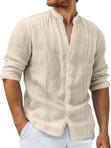 Men's Casual Stand Collar Cotton Guayabera Solid Color Long Sleeve Shirt