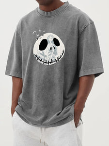 Halloween Retro Washed Ghost Face Printed Cotton Short-Sleeved T-shirt