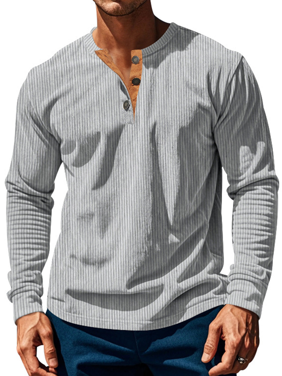 Men's vertical stripe solid color four-button casual and comfortable long-sleeved Henley T-shirt