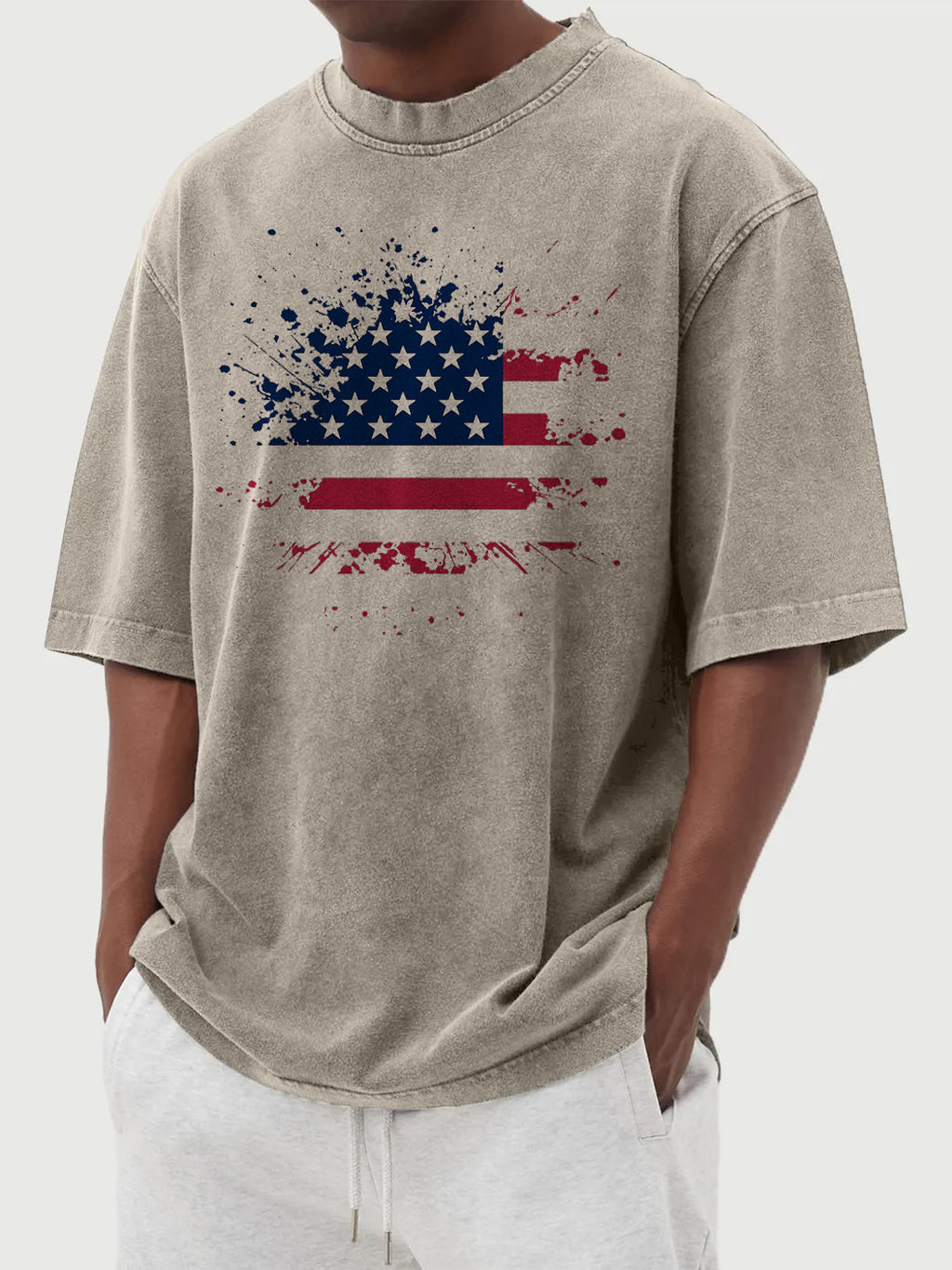 Men's Vintage Washed Flag Print Short Sleeve T-shirt 