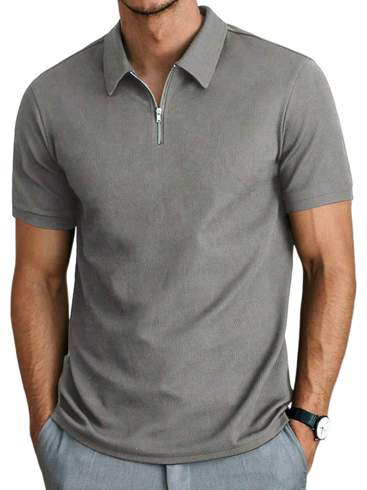 Men's striped solid color zipper lapel short sleeve polo shirt