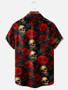 Moisture-wicking Rock Music Skull Drop Rose Chest Pocket Hawaiian Shirt