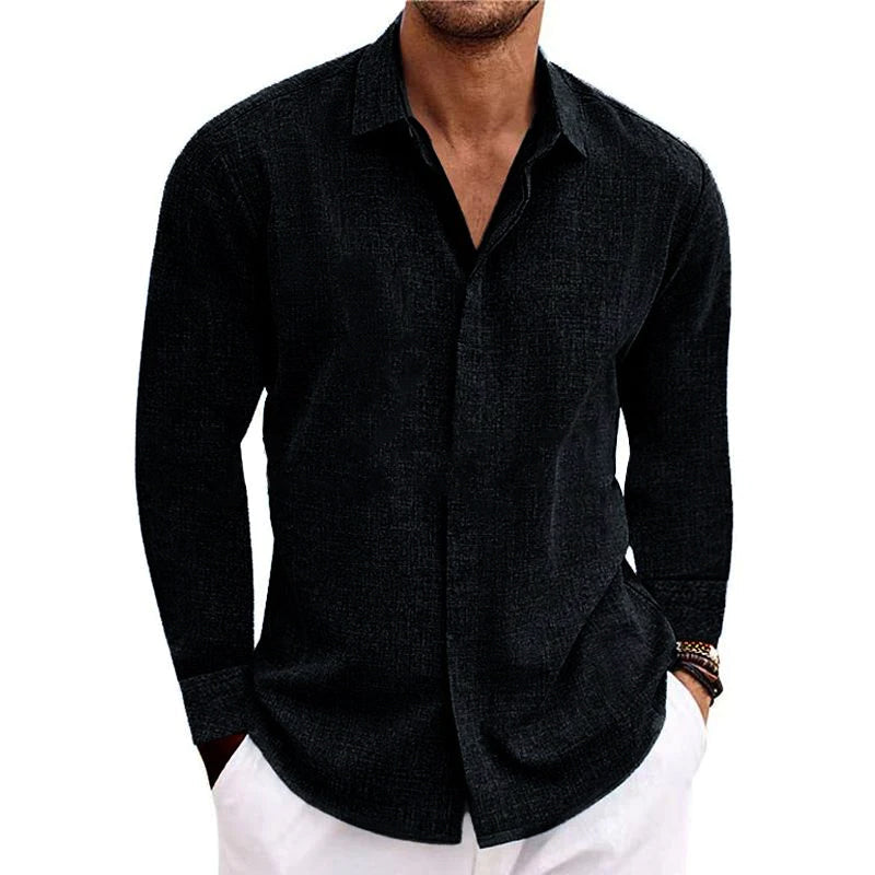 Men's Casual Loose Solid Color Cotton Linen Long Sleeve Shirt 01703150M