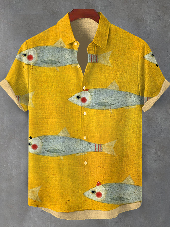 Men's Retro Ocean Fish Swimming Art Print Casual Shirt