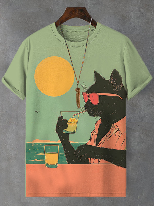 Men's Sunset Beach Holiday Cocktail  Black Cat Art Print T-Shirt