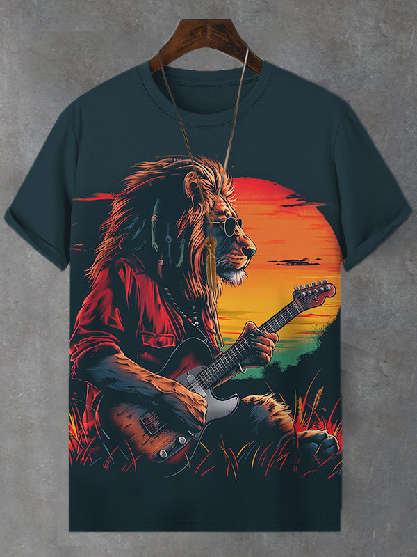 Men's Cool Reggae Lion Guitar Print Casual T-Shirt