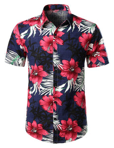 Men's Tropical Hawaiian Floral Cotton Navy Blue Shirt