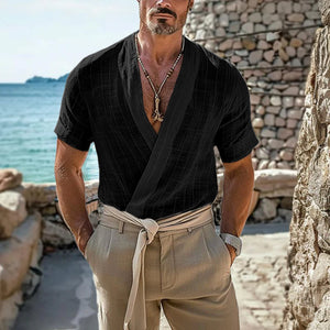 Men's Cotton And Linen Deep V-Neck Short-Sleeved Shirt 06219892Y