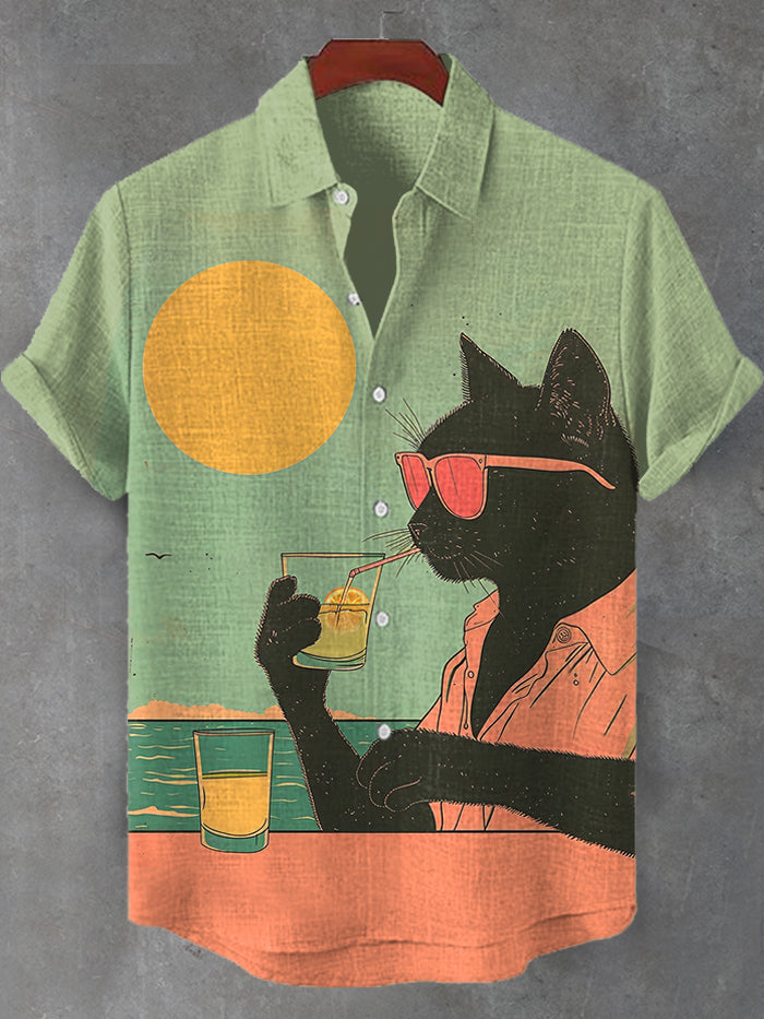 Men's Sunset Seaside Holiday Cocktail Black Cat Art Linen Blend Shirt