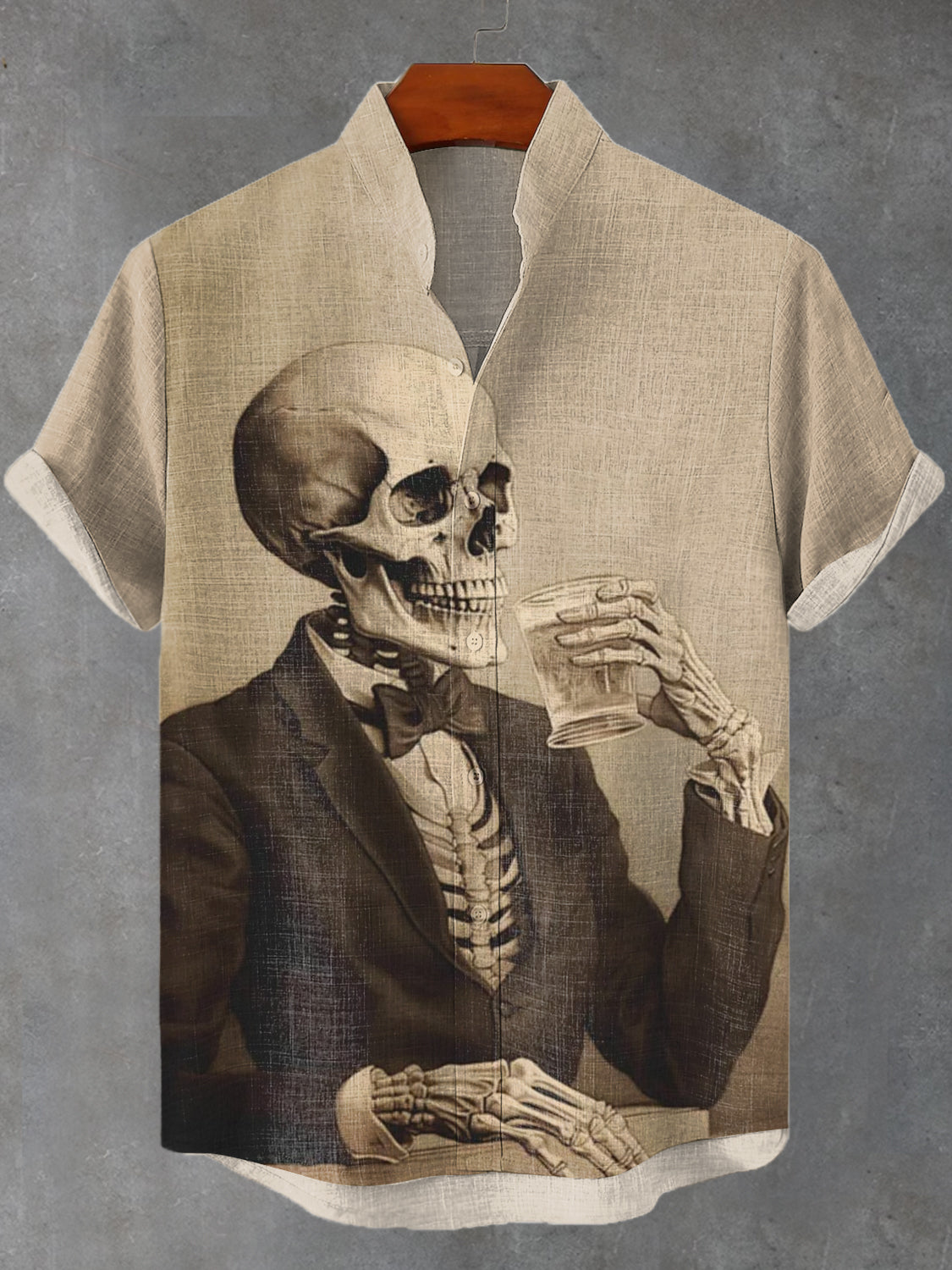 Men's Vintage Skull Gentleman Drinking Art Print Linen Blend Shirt