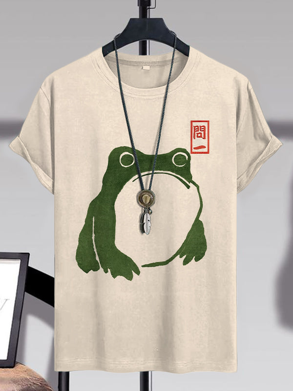 <💯Cotton> Men's Frog Japanese Lino Art Painting Print Cotton Casual T-Shirt