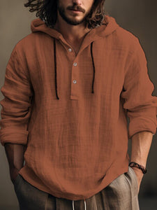 Men's Plain Cotton And Linen Casual Hooded Shirt