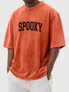 Men's Retro Washed Halloween SPOOKY Print Solid Color Short Sleeve T-Shirt