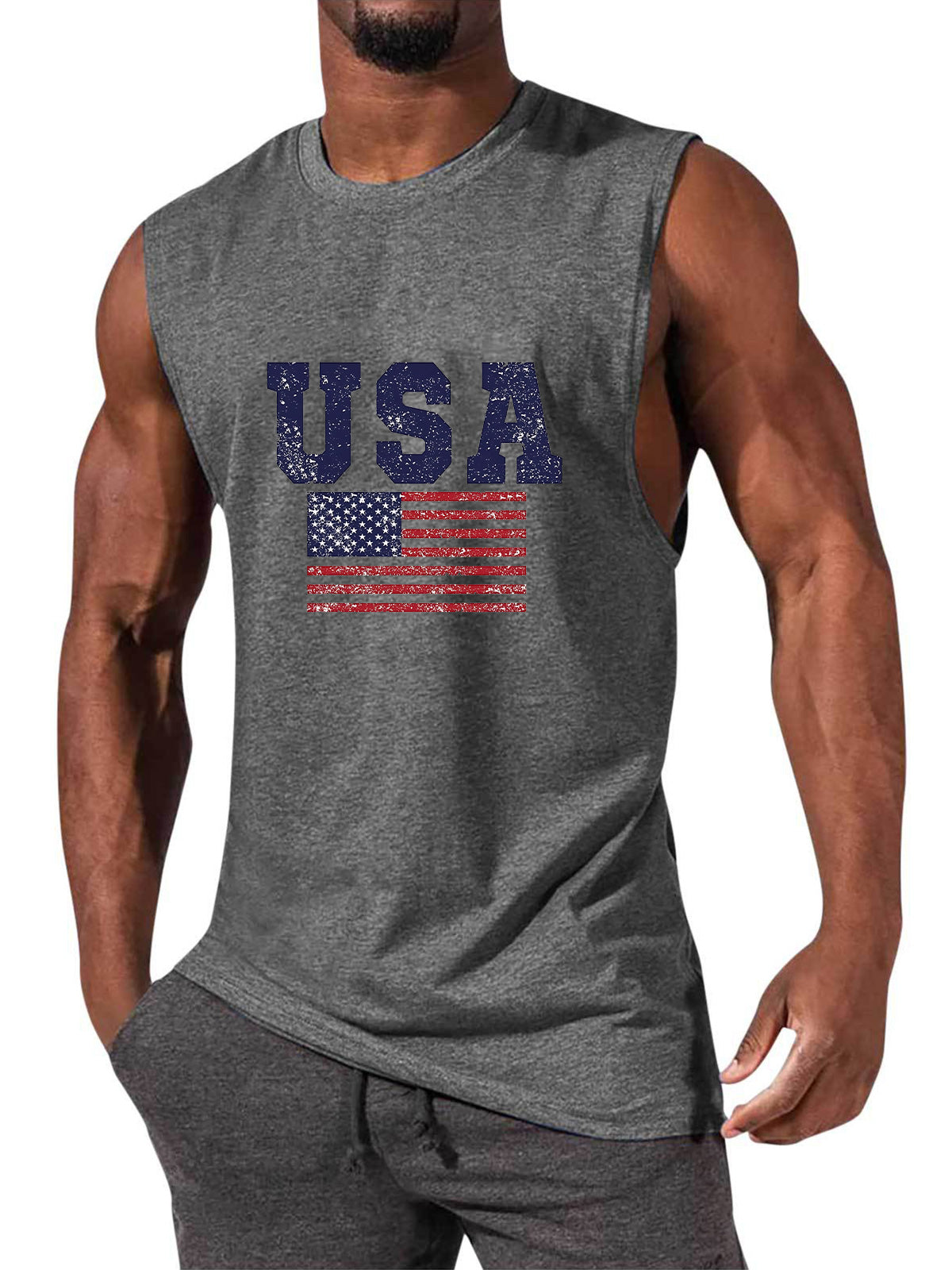 Men's Hawaiian USA Flag Print Sleeveless Tank Top T-Shirt