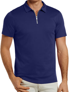 Men's solid color zipper lapel breathable short-sleeved POLO shirt