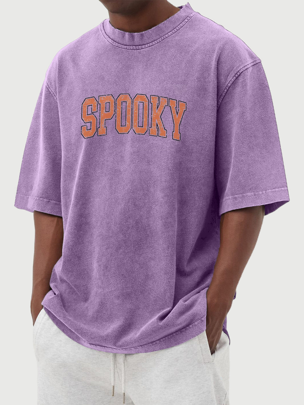 Men's Retro Washed Halloween SPOOKY Print Solid Color Short Sleeve T-Shirt