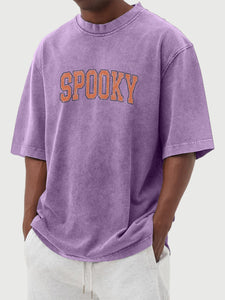 Men's Retro Washed Halloween SPOOKY Print Solid Color Short Sleeve T-Shirt